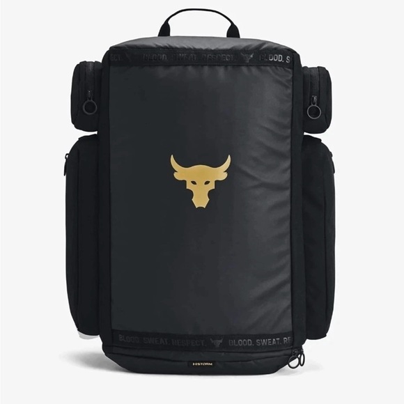 Under Armour UA Project Rock Duffle Backpack Bag Black Gold Gym 1376459-002 - Picture 1 of 5